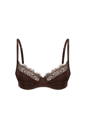 Rae Underwire Espresso by Kat the Label – satin underwire bra with dual lace panels and adjustable straps.