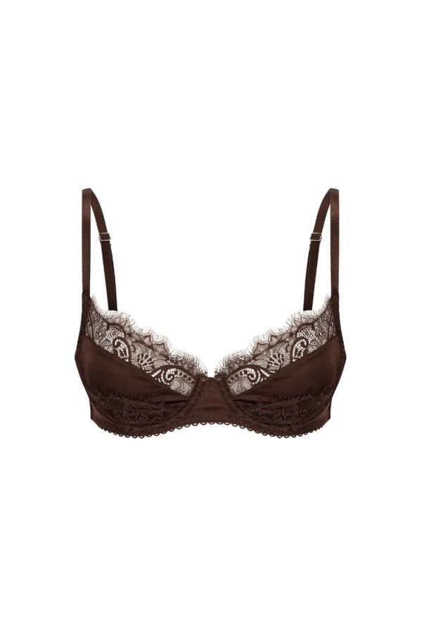 Rae Underwire Espresso by Kat the Label – satin underwire bra with dual lace panels and adjustable straps.