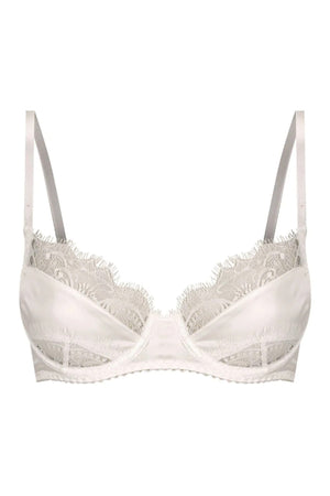 Rae Underwire in Ivory by Kat the Label, a satin underwire bra with lace paneling. Perfect for elevating everyday lingerie looks.
