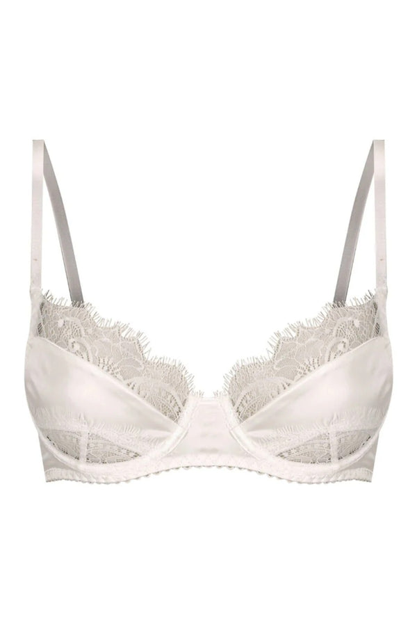 Rae Underwire in Ivory by Kat the Label, a satin underwire bra with lace paneling. Perfect for elevating everyday lingerie looks.