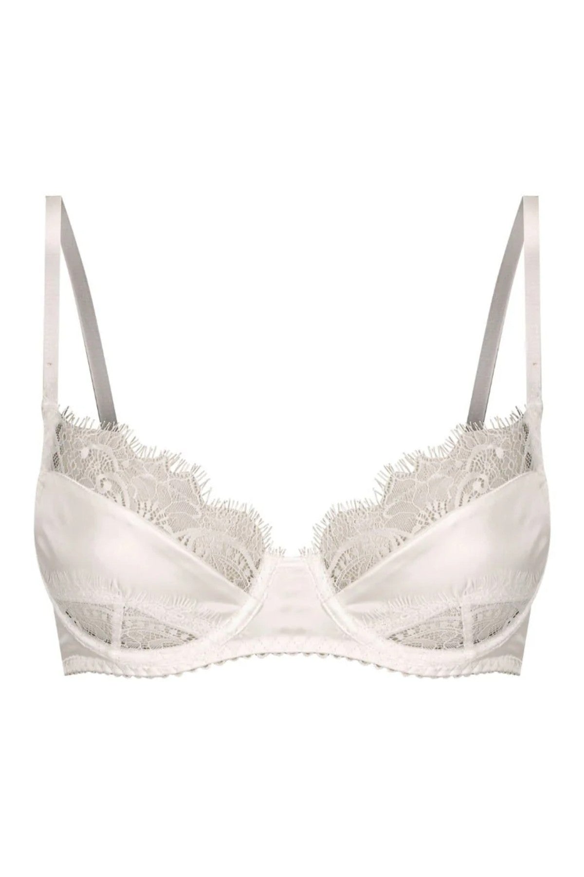 Rae Underwire in Ivory by Kat the Label, a satin underwire bra with lace paneling. Perfect for elevating everyday lingerie looks.