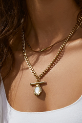Rafaella Mother of Pearl Necklace in Gold by Arms of Eve, gold necklace with pearl pendant. Perfect for layering or elegant styling.