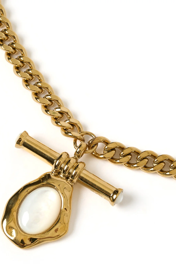Rafaella Mother of Pearl Necklace in Gold by Arms of Eve, gold necklace with pearl pendant. Perfect for layering or elegant styling.