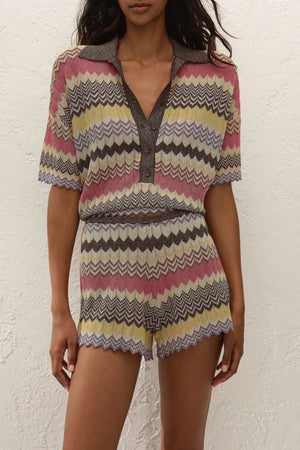 Raya Polo Top Perla Stripe by Faithfull the Brand – a striped knit polo with metallic detail. Perfect for resort styling.