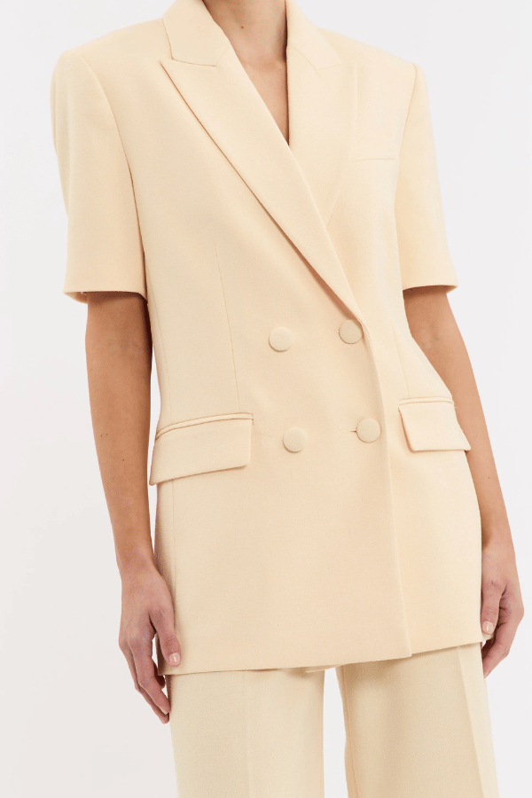 Rowan Blazer Butter by Rebecca Vallance, oversized short-sleeve blazer with peak lapel and tailored structure. Perfect with matching Rowan Pant.