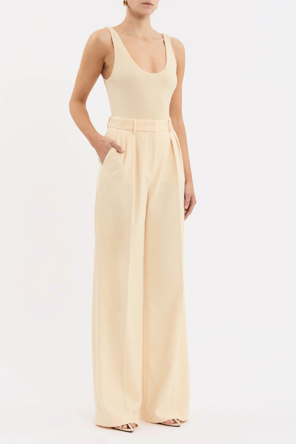 Rowan Pant Butter by Rebecca Vallance, tailored wide-leg pant with high waist and pressed creases. Perfect with the matching Rowan Blazer.