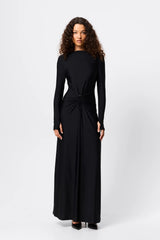 Regal Maxi Dress Black by Mossman - long sleeve jersey maxi dress with draped waist and silver U hardware, perfect for elegant evening events.