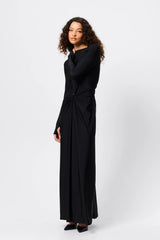 Regal Maxi Dress Black by Mossman - long sleeve jersey maxi dress with draped waist and silver U hardware, perfect for elegant evening events.