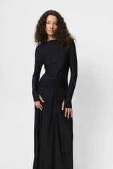 Regal Maxi Dress Black by Mossman - long sleeve jersey maxi dress with draped waist and silver U hardware, perfect for elegant evening events.