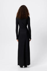 Regal Maxi Dress Black by Mossman - long sleeve jersey maxi dress with draped waist and silver U hardware, perfect for elegant evening events.
