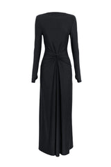 Regal Maxi Dress Black by Mossman - long sleeve jersey maxi dress with draped waist and silver U hardware, perfect for elegant evening events.
