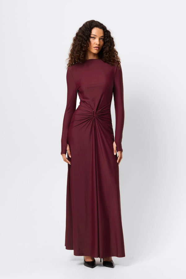 Regal Maxi Dress Bordeaux by Mossman - long sleeve jersey maxi dress with draped waist and silver U hardware, perfect for elegant evening events.