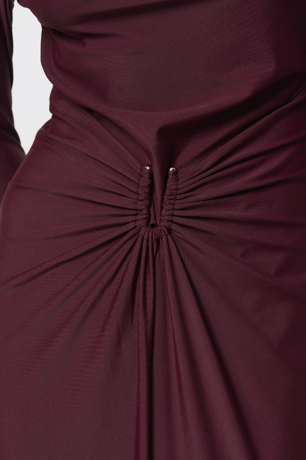 Regal Maxi Dress Bordeaux by Mossman - long sleeve jersey maxi dress with draped waist and silver U hardware, perfect for elegant evening events.