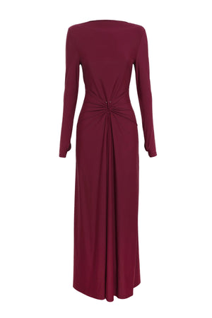 Regal Maxi Dress Bordeaux by Mossman - long sleeve jersey maxi dress with draped waist and silver U hardware, perfect for elegant evening events.