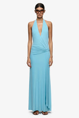 Remi Halter Dress Marine Blue by Bec + Bridge – halter maxi dress with wrap neckline and elegant open back detail.