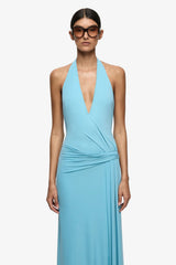 Remi Halter Dress Marine Blue by Bec + Bridge – halter maxi dress with wrap neckline and elegant open back detail.