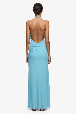 Remi Halter Dress Marine Blue by Bec + Bridge – halter maxi dress with wrap neckline and elegant open back detail.