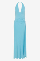 Remi Halter Dress Marine Blue by Bec + Bridge – halter maxi dress with wrap neckline and elegant open back detail.
