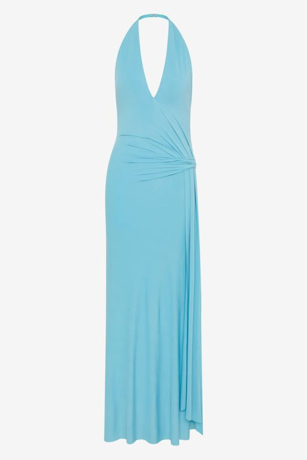 Remi Halter Dress Marine Blue by Bec + Bridge – halter maxi dress with wrap neckline and elegant open back detail.