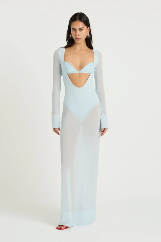 Remy Sheer Maxi Dress Mint by Benni, reversible sheer maxi with scoop neckline, built-in bodysuit and bralette for fluid, versatile elegance.