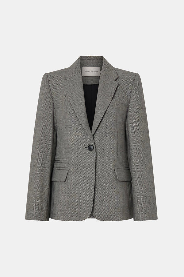 Ren Blazer Charcoal Herringbone by Camilla and Marc - tailored wool blazer with structured shoulders and herringbone texture, perfect for workwear styling.