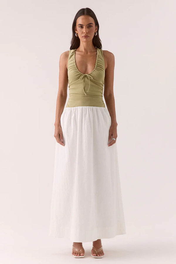 Reve Dress in Soft Khaki/Chalk by Sovere – mixed-fabric midi with drawstring bodice and gathered skirt. Perfect for casual styling.