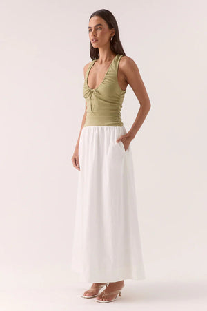 Reve Dress in Soft Khaki/Chalk by Sovere – mixed-fabric midi with drawstring bodice and gathered skirt. Perfect for casual styling.
