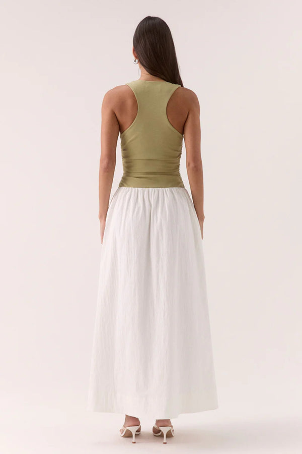 Reve Dress in Soft Khaki/Chalk by Sovere – mixed-fabric midi with drawstring bodice and gathered skirt. Perfect for casual styling.