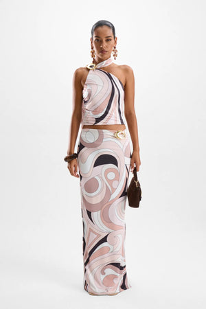 Reverie Halo Maxi Skirt by Cin Cin, a Mars Beige split maxi in sculpted stretch fabric. Perfect for statement sets or solo evening wear.