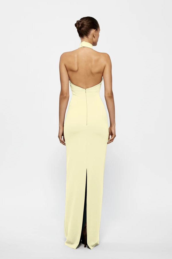 Rhi Gown in Lemon by Effie Kats, a timeless stretch crepe gown featuring a high neckline, open back, and floor-sweeping hem for effortless elegance.