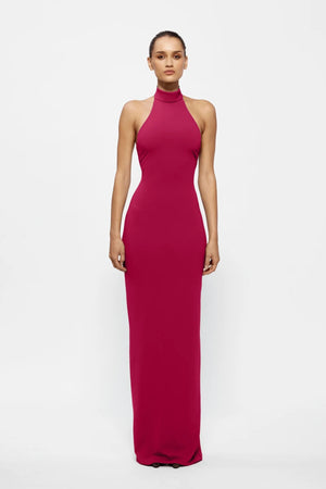 Rhi Gown in Raspberry by Effie Kats, a sleek stretch crepe gown featuring a high neckline, open back, and floor-length hemline for timeless elegance.