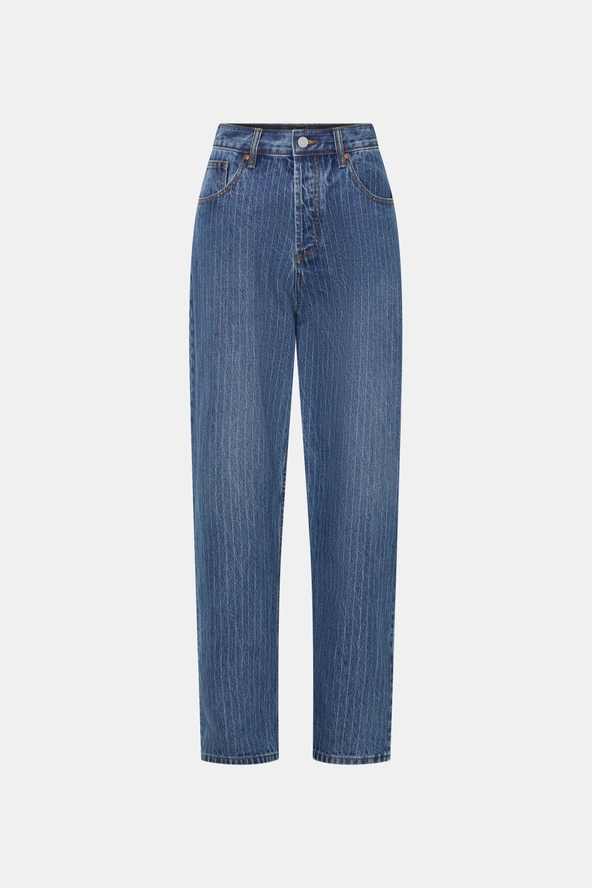Rhodes 2.0 Denim Jean Blue Pinstripe by Camilla and Marc, low-rise denim with subtle pinstripes and classic five-pocket design.