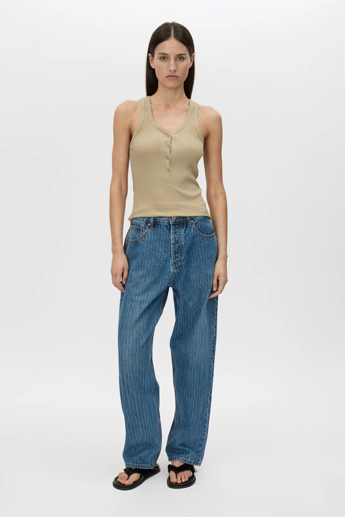 Rhodes 2.0 Denim Jean Blue Pinstripe by Camilla and Marc, low-rise denim with subtle pinstripes and classic five-pocket design.