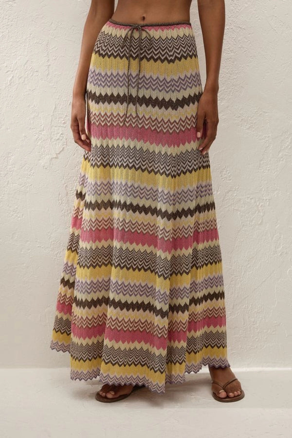 Ria Skirt Perla Stripe by Faithfull the Brand – a striped knit maxi skirt with drawstring waist. Perfect for resort styling.