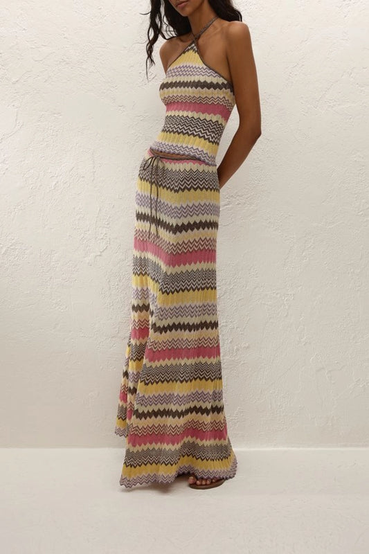 Ria Top Perla Stripe by Faithfull the Brand – a striped halter knit top with tie back detail. Perfect for resort styling.