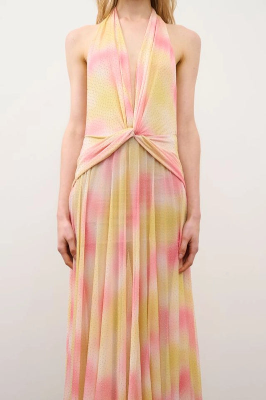 Riana Dress in Yellow Coral Rhinestone by DŽO, a halter maxi dress in abstract print with waist knot detail and subtle rhinestone embellishment.