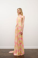 Riana Dress in Yellow Coral Rhinestone by DŽO, a halter maxi dress in abstract print with waist knot detail and subtle rhinestone embellishment.