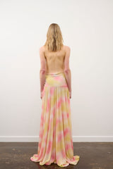Riana Dress in Yellow Coral Rhinestone by DŽO, a halter maxi dress in abstract print with waist knot detail and subtle rhinestone embellishment.