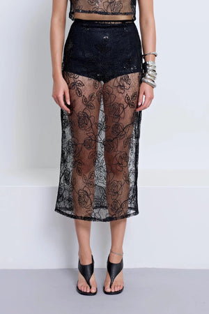 Riki Lace Skirt & Underlayer Black by Pfeiffer – embroidered lace midi skirt with sequins and removable underlayer.
