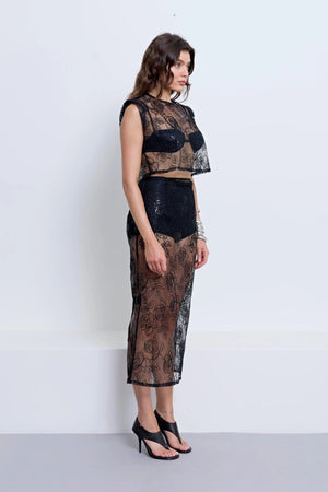 Riki Lace Skirt & Underlayer Black by Pfeiffer – embroidered lace midi skirt with sequins and removable underlayer.