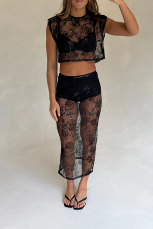 Riki Lace Skirt & Underlayer Black by Pfeiffer – embroidered lace midi skirt with sequins and removable underlayer.