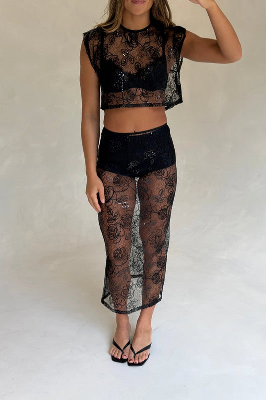 Riki Lace Skirt & Underlayer Black by Pfeiffer – embroidered lace midi skirt with sequins and removable underlayer.