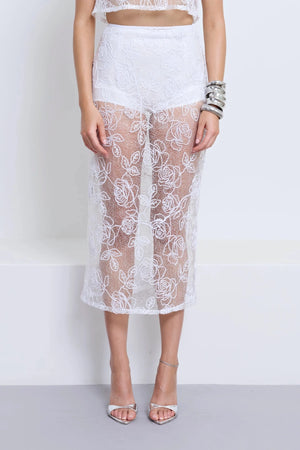 Riki Lace Skirt & Underlayer Powder by Pfeiffer – embroidered lace midi skirt with sequins and removable underlayer.