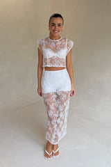 Riki Lace Skirt & Underlayer Powder by Pfeiffer – embroidered lace midi skirt with sequins and removable underlayer.
