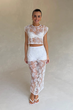 Riki Lace Skirt & Underlayer Powder by Pfeiffer – embroidered lace midi skirt with sequins and removable underlayer.