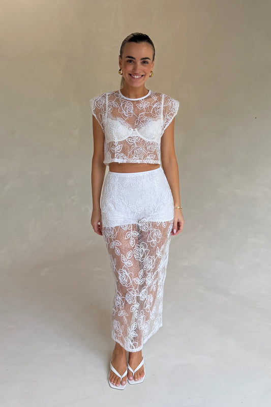 Riki Lace Skirt & Underlayer Powder by Pfeiffer – embroidered lace midi skirt with sequins and removable underlayer.