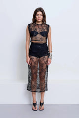 Riki Lace Top Black by Pfeiffer – embroidered floral lace crop top with sequins and keyhole back detail.