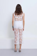 Riki Lace Top Powder by Pfeiffer – embroidered floral lace crop top with sequins and keyhole back detail.