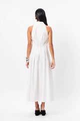 Roam Midi Dress White by Mossman – a cotton midi with collared neckline and A-line skirt. Perfect for everyday styling.