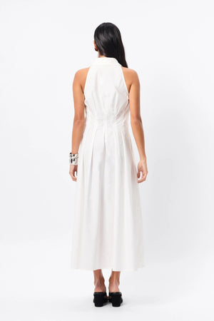 Roam Midi Dress White by Mossman – a cotton midi with collared neckline and A-line skirt. Perfect for everyday styling.